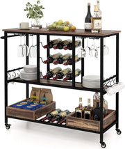 Carrello da Cucina con Ruote, Carrello di Servizio con Portabottiglie, Portabicchieri Ganci, Carrello Portaoggetti a 3 Ripiani per Bar, Casa, Cucina, 108 x 40 x 91 cm (Grigio)