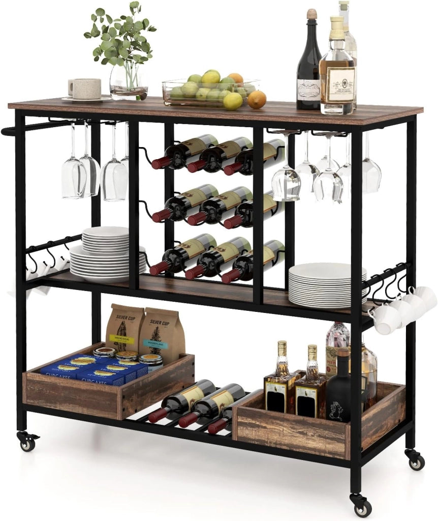 Carrello da Cucina con Ruote, Carrello di Servizio con Portabottiglie, Portabicchieri Ganci, Carrello Portaoggetti a 3 Ripiani per Bar, Casa, Cucina, 108 x 40 x 91 cm (Grigio)