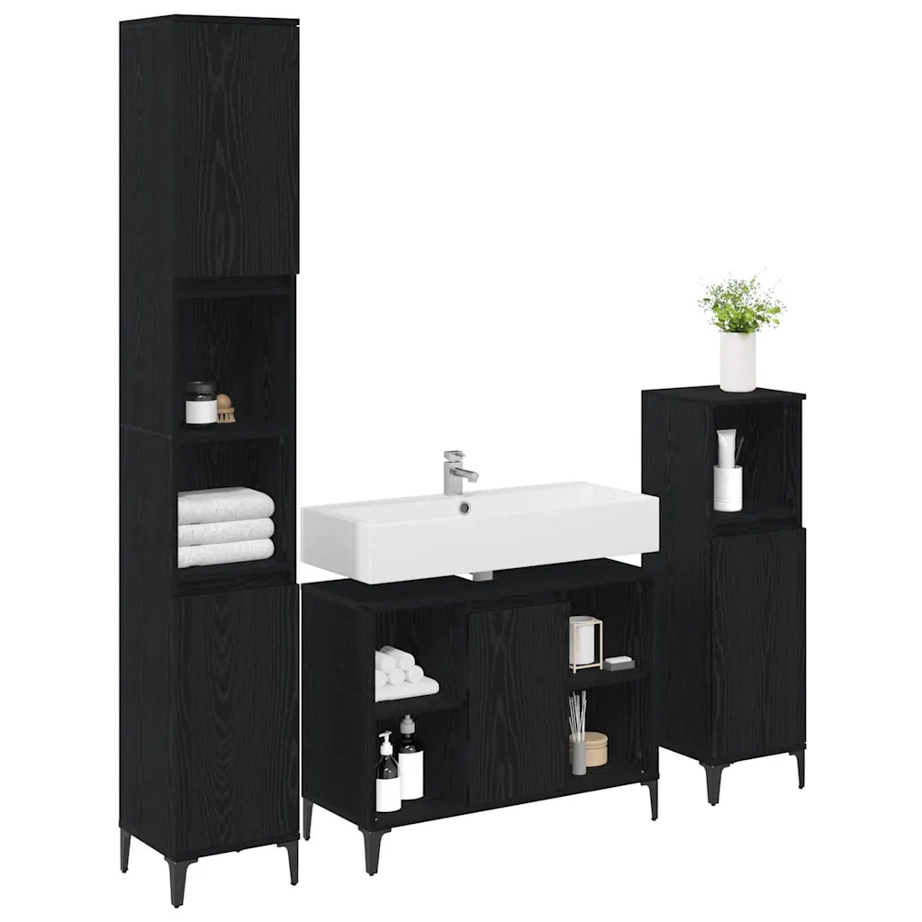Set di mobili per il bagno 3 pcs Rovere nero Legno multistrato