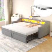 Divano letto imbottito estraibile 90/180 x 200 cm in lino grigio chiaro con vano laterale e USB