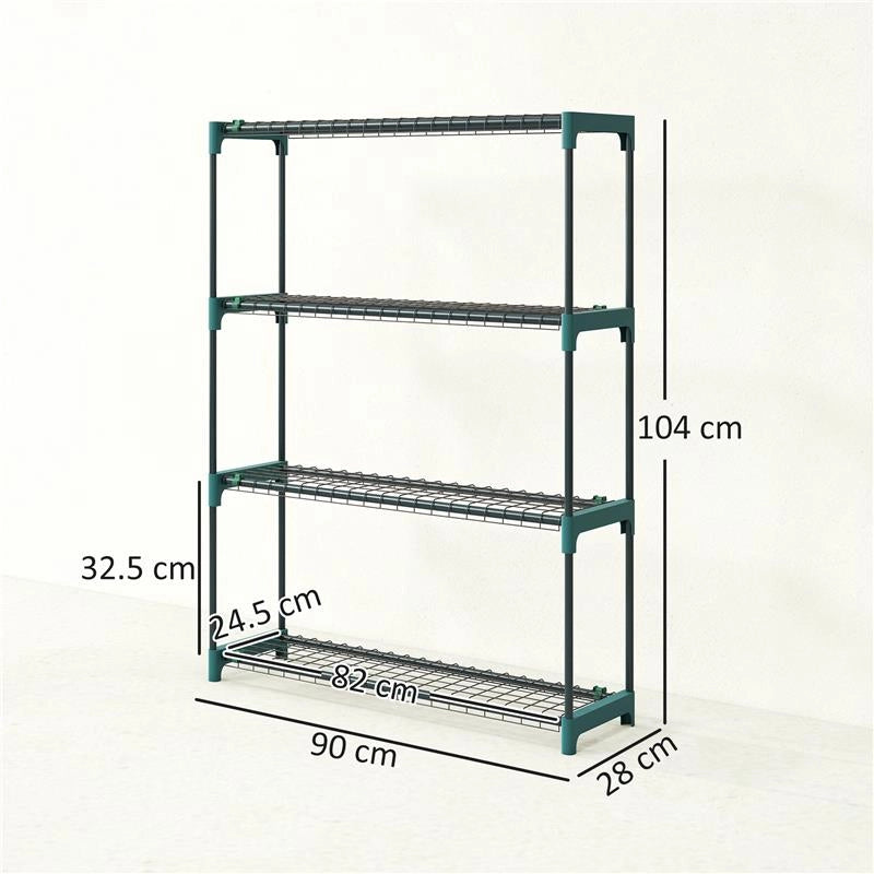 SET DI 2 SCAFFALI PER PIANTE A 4 LIVELLI IN ACCIAIO CON GANCI, 90X28X104 CM, VERDE