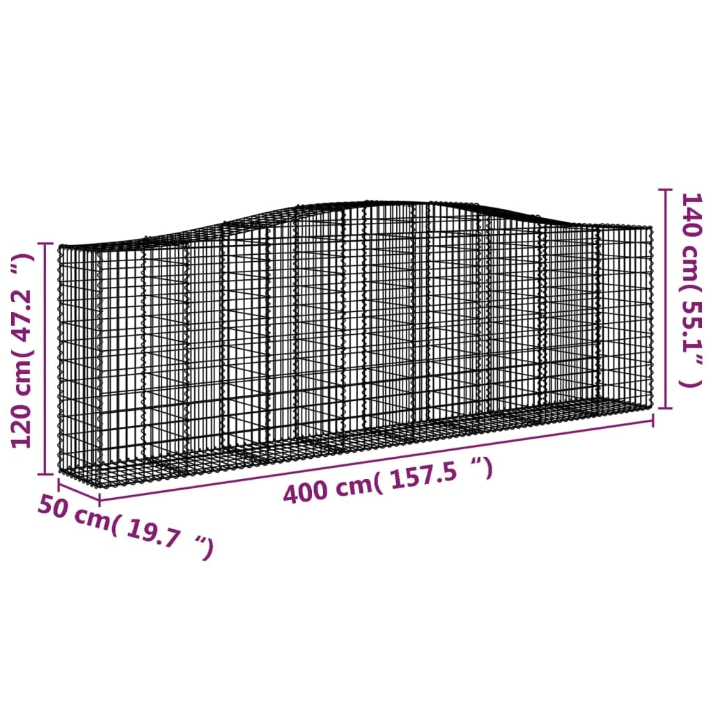 Cestini gabbioni recinzione a gabbia muro di contenimento ad arco 10 pezzi 400 x 50 x 120/140 cm ferro zincato argento 02_0040288