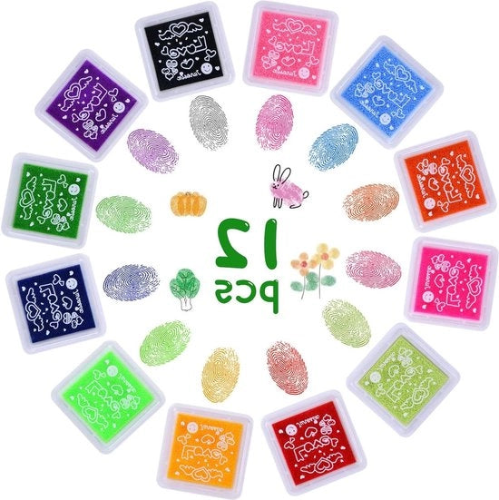 12 Mini Stampini a Inchiostro - Set di Cuscini per Stampini per Bambini - Cuscini per Stampini per Carte e Aghi di Finga