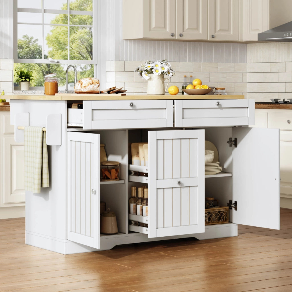 Isola da cucina mobile con piano pieghevole; cassetti e ruote 120x70x92 cm; MDF; bianco naturale