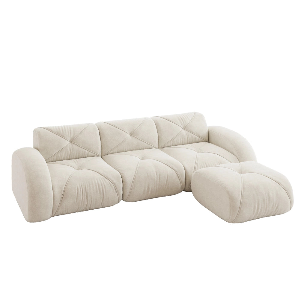 Divano modulare 3 posti con pouf in ciniglia beige chiaro HOMVRA