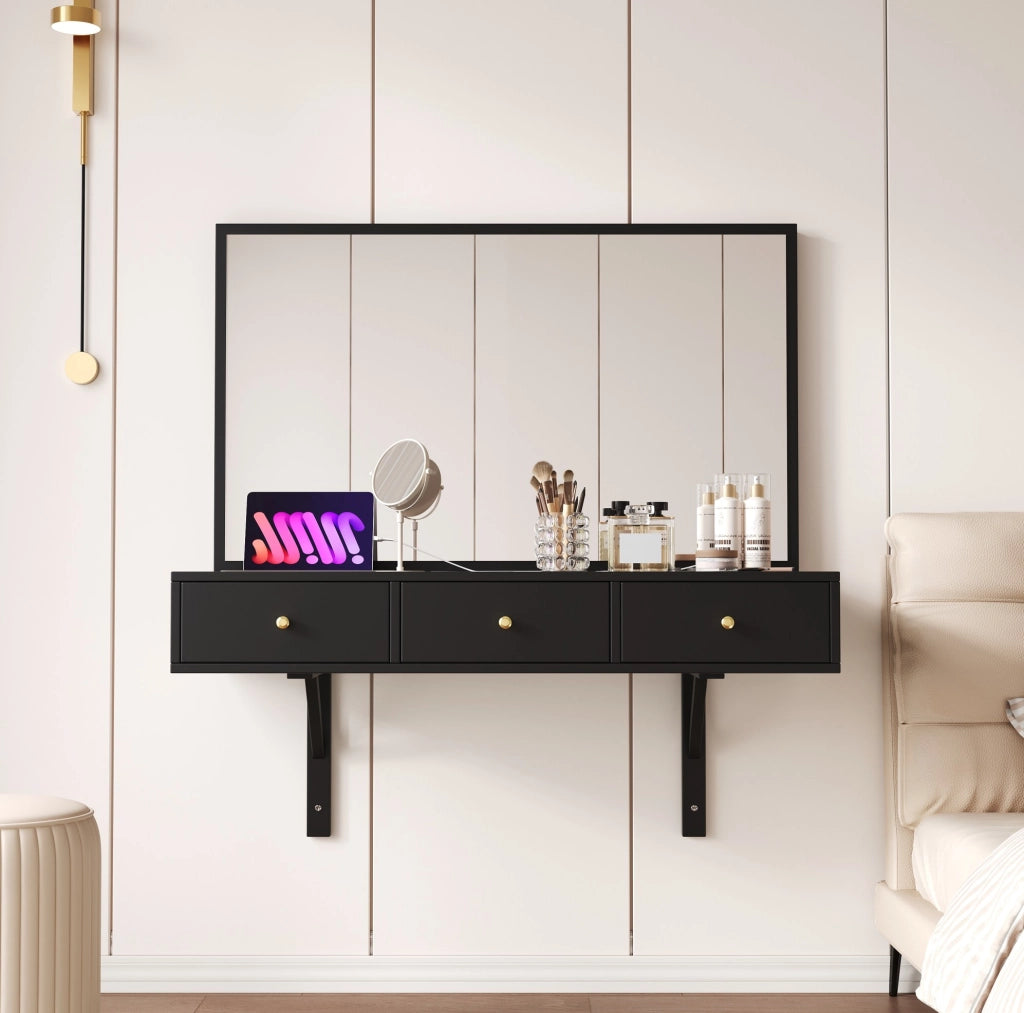 Tavolo da trucco 100x45x105 cm con specchio e 3 cassetti in truciolare nero