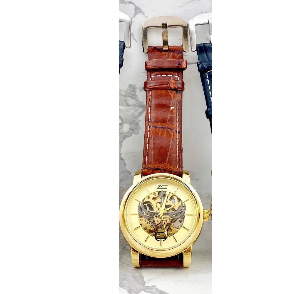 Trade Shop - Orologio Polso Zcc Bull Transp Uomo Automatico Cinturino Pelle Marrone Fondo Oro -
