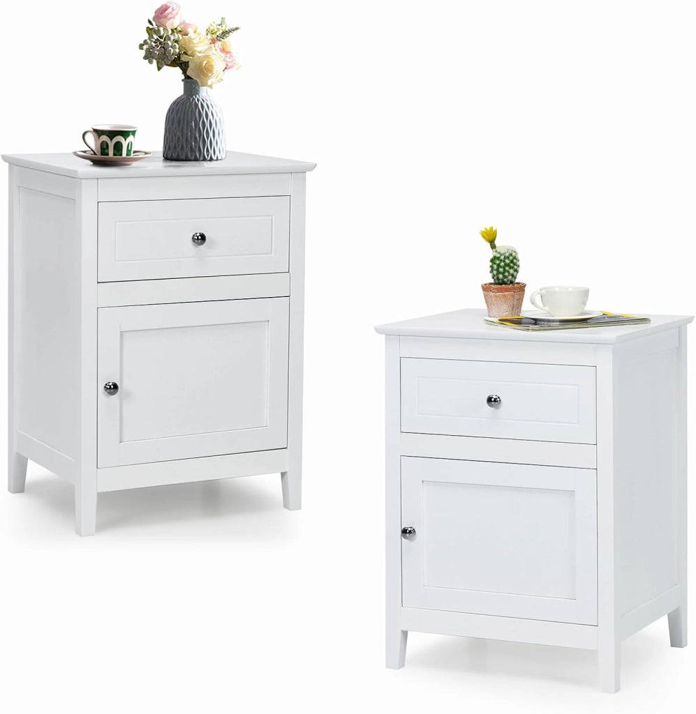 Set di 2 Comodini in legno, Tavolino (2 x Bianco 1 Anta 1 Cassetto)