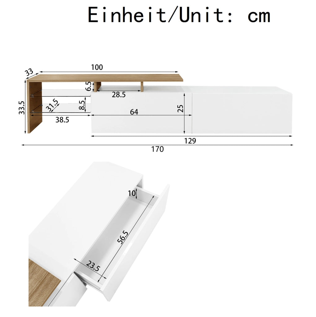 Mobile porta TV con LED 16 colori, 170 cm, bianco e legno