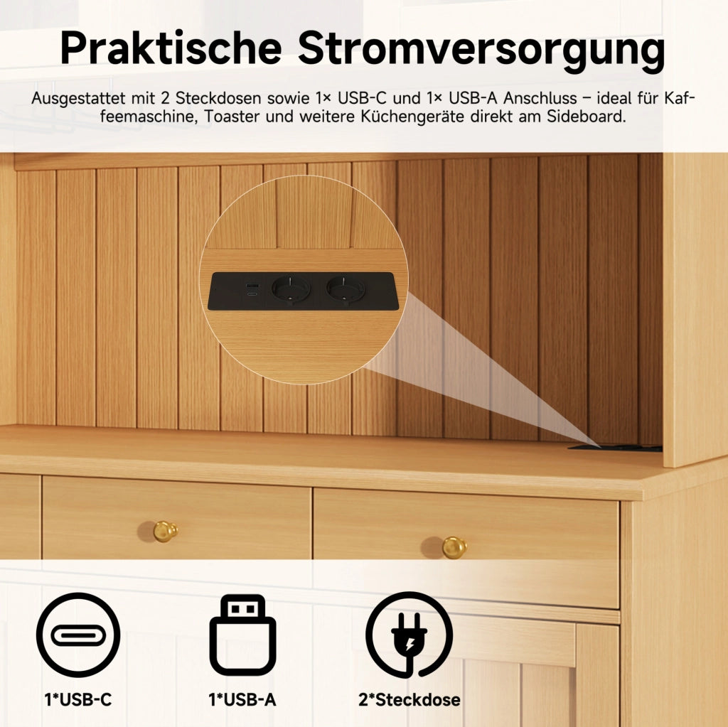 Credenza buffet alta 120x40x191 cm in legno naturale con ante in vetro; prese USB e schuko