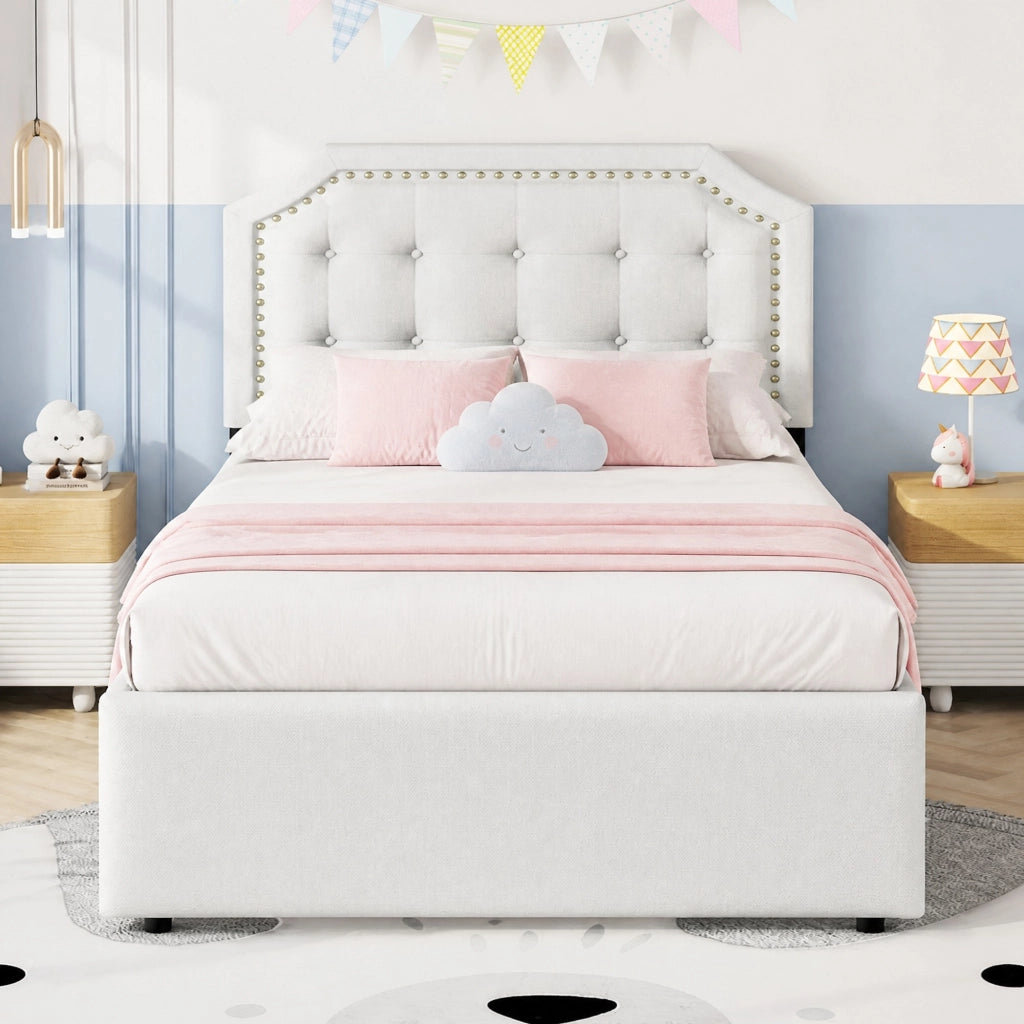 Letto singolo imbottito 90x200 cm con 2 cassetti in MDF e lino; beige chiaro
