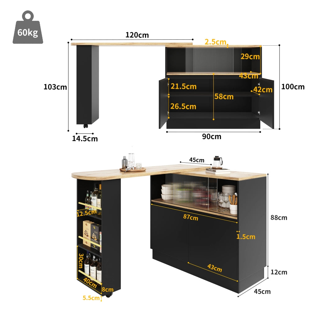 Mobile Bar Girevole a 360° con Ripiani Aperti e Anta Scorrevole in Vetro per Cucina e Sala da Pranzo in MDF Nero