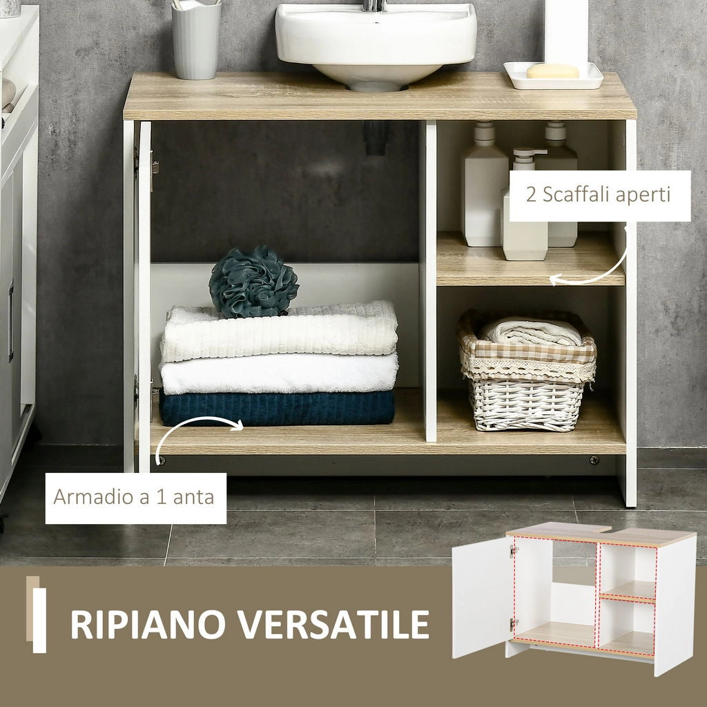 MOBILE BAGNO SOTTOLAVABO CON ARMADIETTO E 2 MENSOLE 77X45X60CM BIANCO E LEGNO