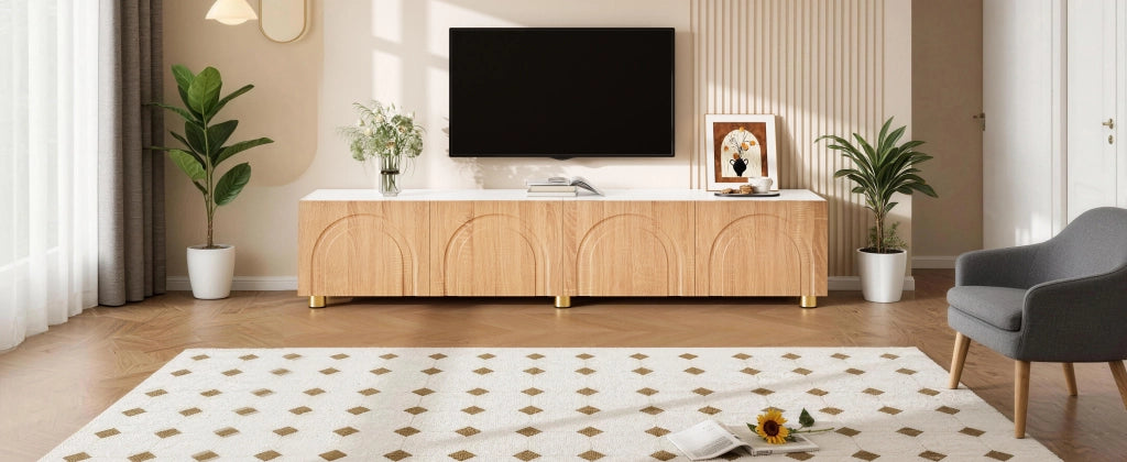 Mobile porta TV con 4 ante e rilievo ad arco, piedi in metallo, per soggiorno, in MDF e truciolare, 180 × 35 × 40 cm