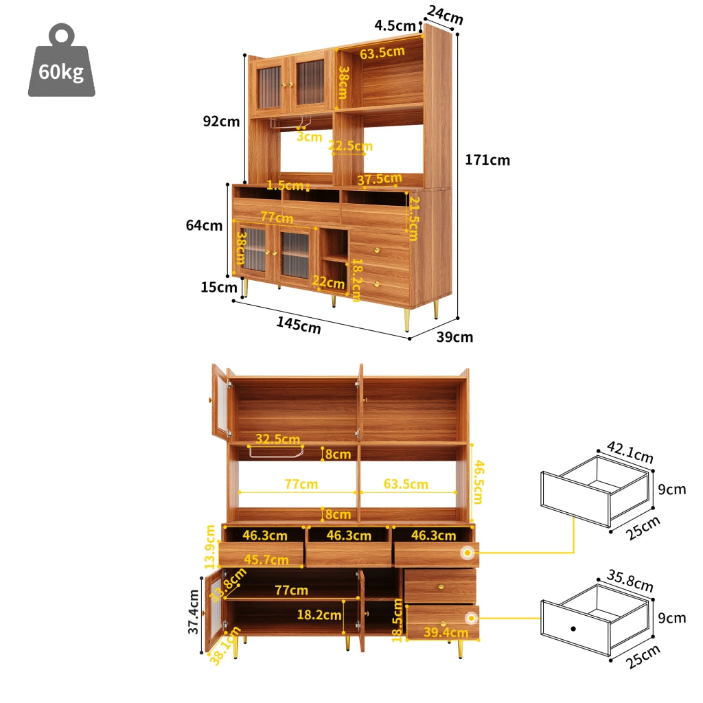 Credenza Alta da Cucina con Vani Aperti; Anta in Vetro Cannelato e Portabottiglie; in MDF; 145 x 39 x 171 cm