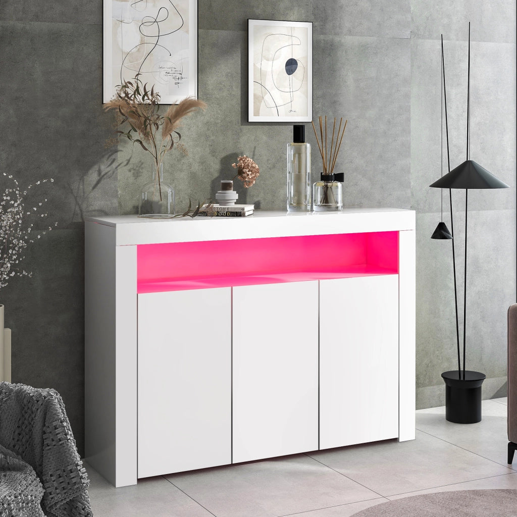 Credenza Bianca Lucida con LED Mobile Buffet 3 Ante 130x35x95 cm