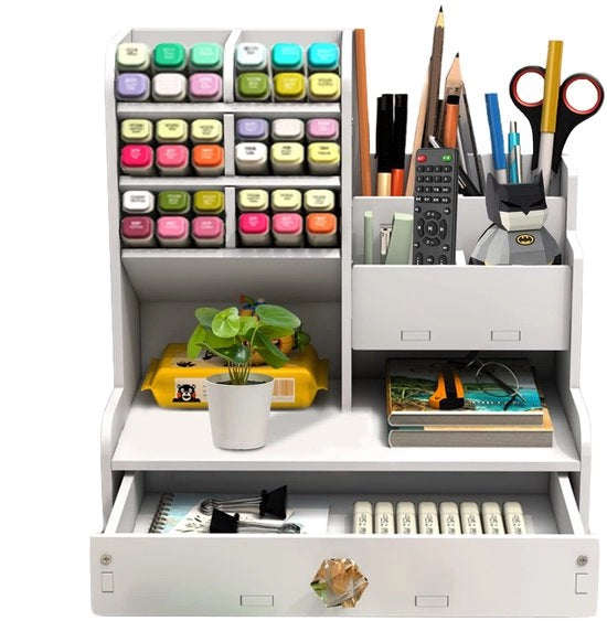 Organizzatore di scrivania in pannello di plastica, penne e oggetti da ufficio con grande capacità, organizzatore di ufficio, contenitore per penne e organizzatore di scrivania con cassetto, per uso domestico, ufficio e scuola. (PB17)