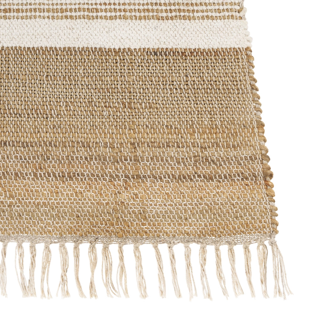 Tappeto in iuta beige e bianco con motivo a righe e nappe 160 x 230 cm soggiorno camera da letto stile boho