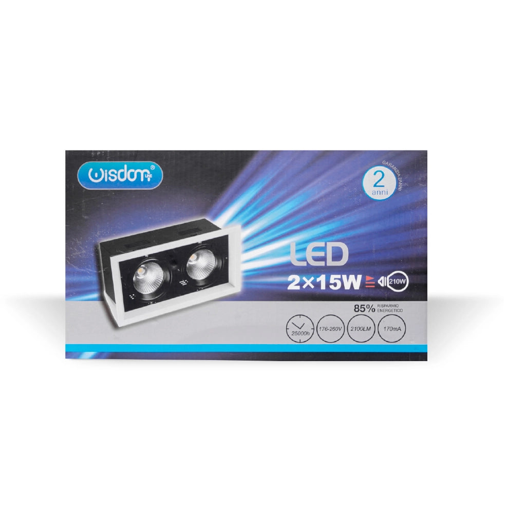 Faro led orientabile da incasso con chip cob 2x15w 4000K luce naturale