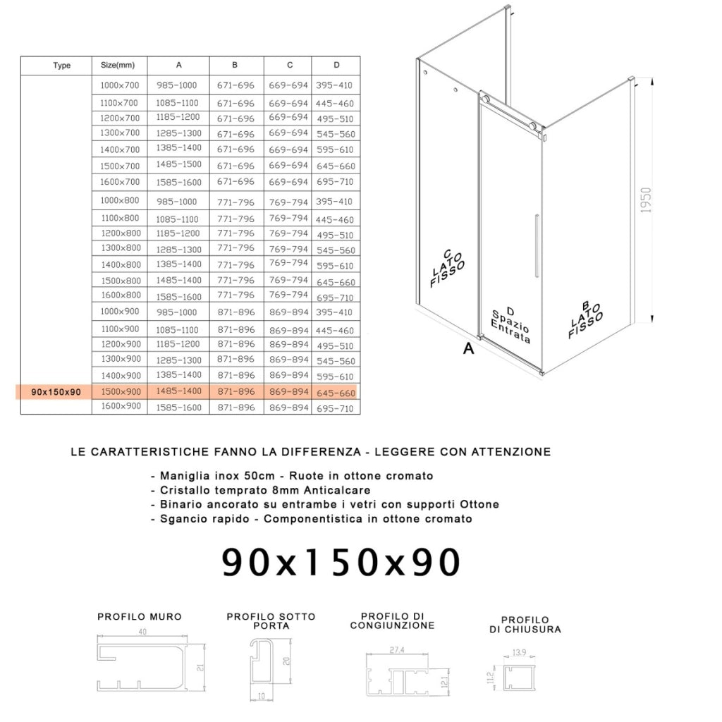Box doccia tre lati porta scorrevole trasparente h195cm 8mm anticalcare euclide, misura 90x150x90