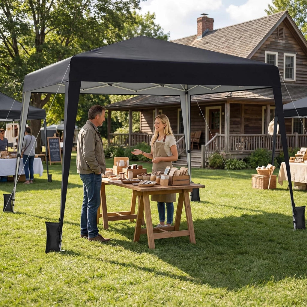 Gazebo da Giardino 3 x 3 M, Tendone Parasole con Telo Impermeabile e Resistente, Sacchi di Sabbia, Pieghevole, Portatile e Altezza Regolabile, per Esterno, Mercati, Fiere e Campeggio (Nero)
