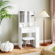 Tavolo da trucco con specchio, cassetto e vani portaoggetti, bianco, 70 x 40 x 137 cm