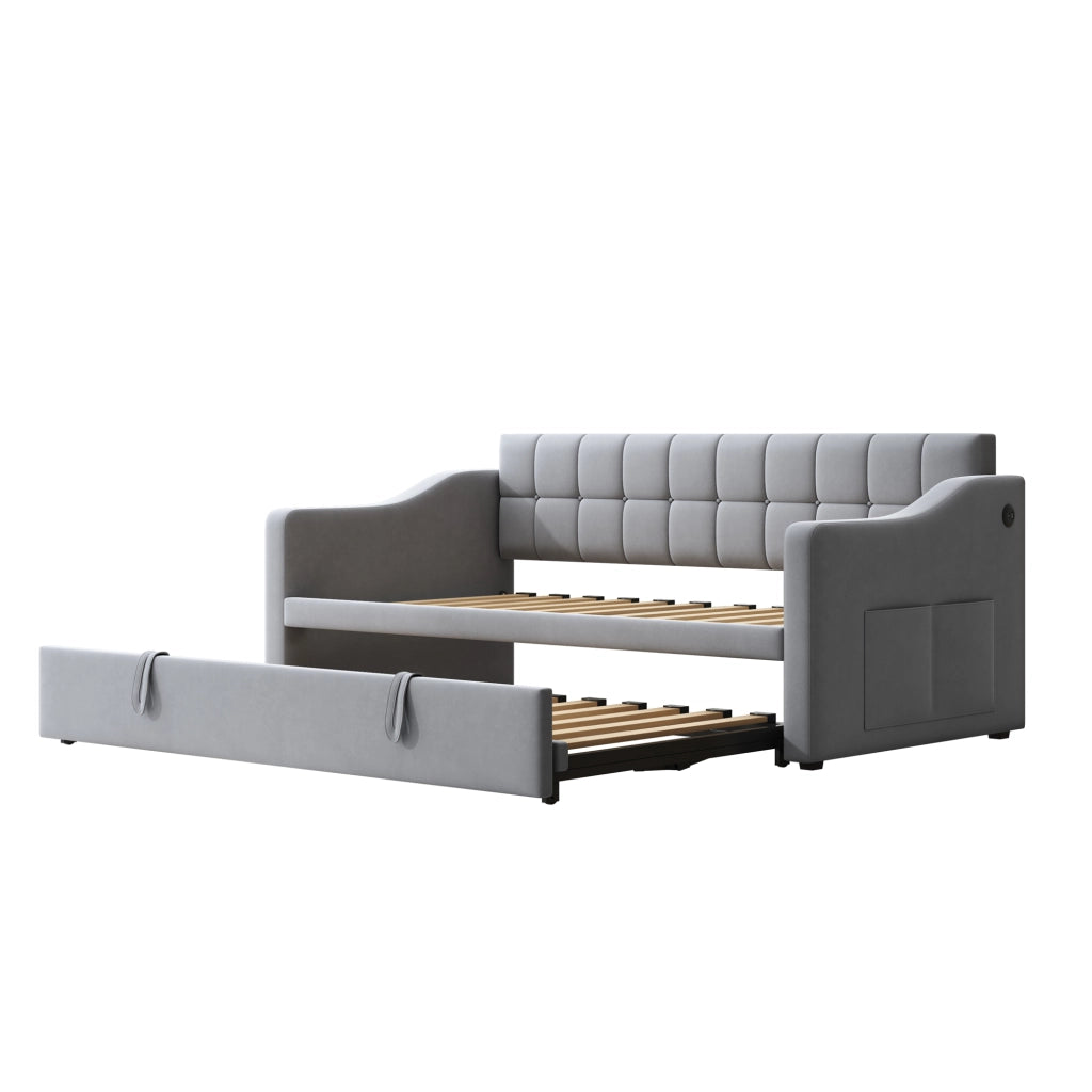 Letto imbottito estraibile 90x190 cm in velluto grigio chiaro con porte USB
