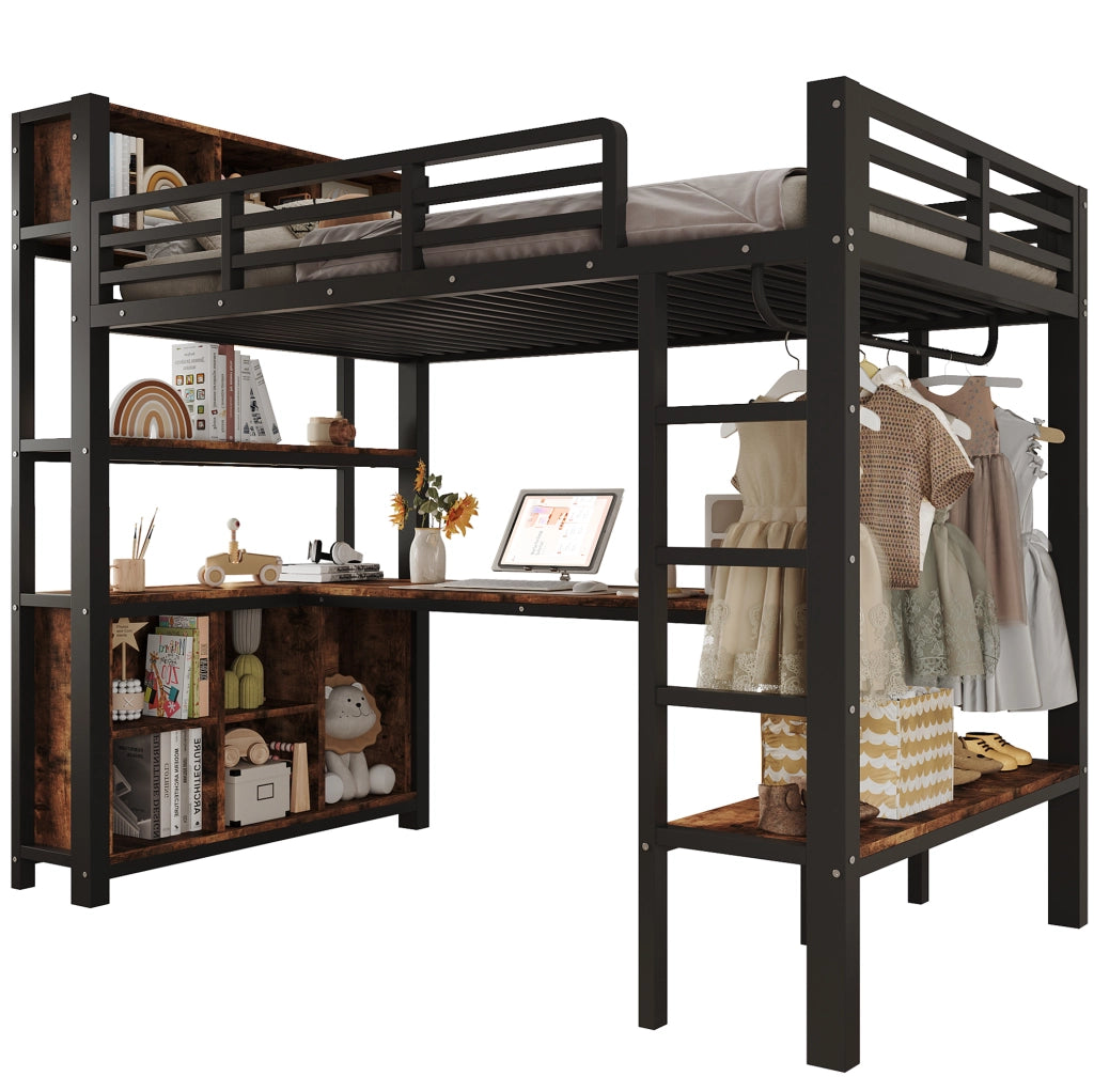 Letto a soppalco 90x200 cm nero con scrivania e ripiani