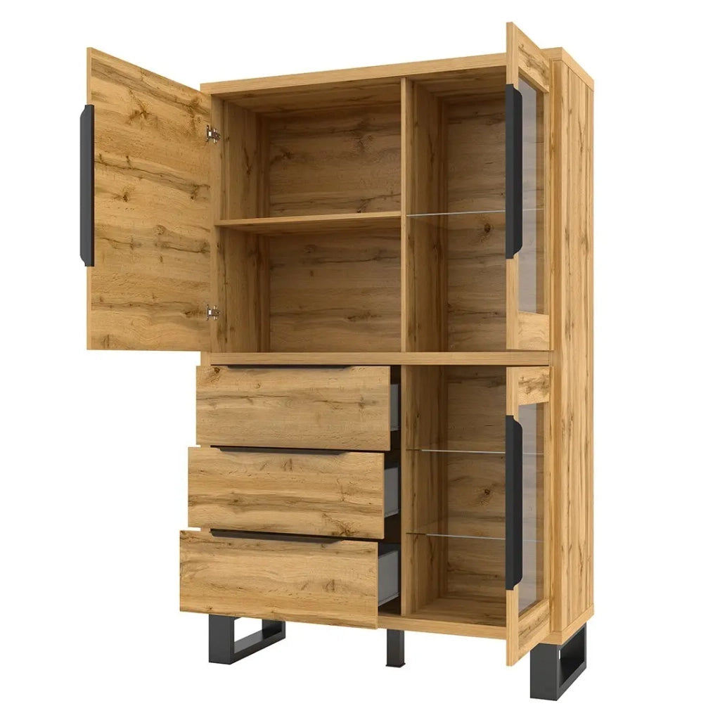 Credenza color rovere collezione MILO. Finiture nere. Mobile ideale per la tua sala da pranzo.