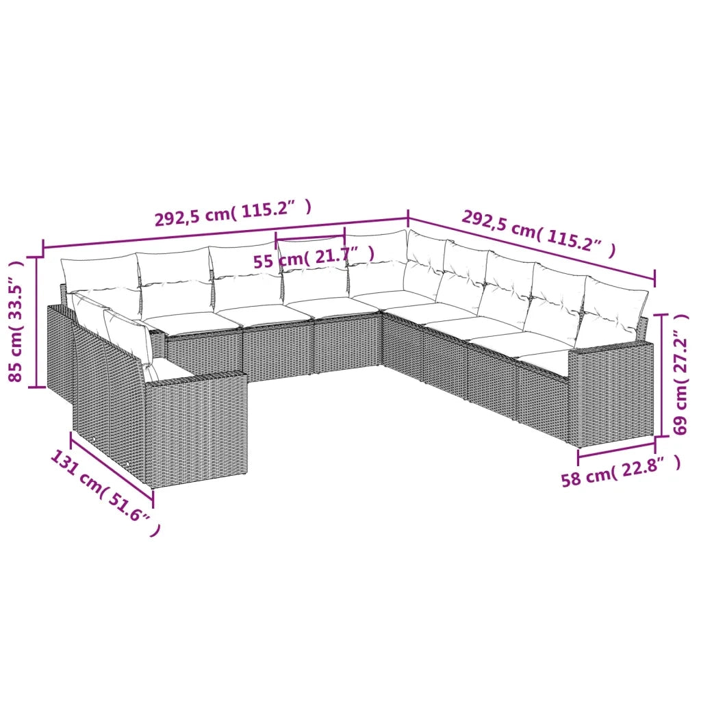 Set Divani da Giardino 11 pz con Cuscini Beige in Polyrattan 3251525