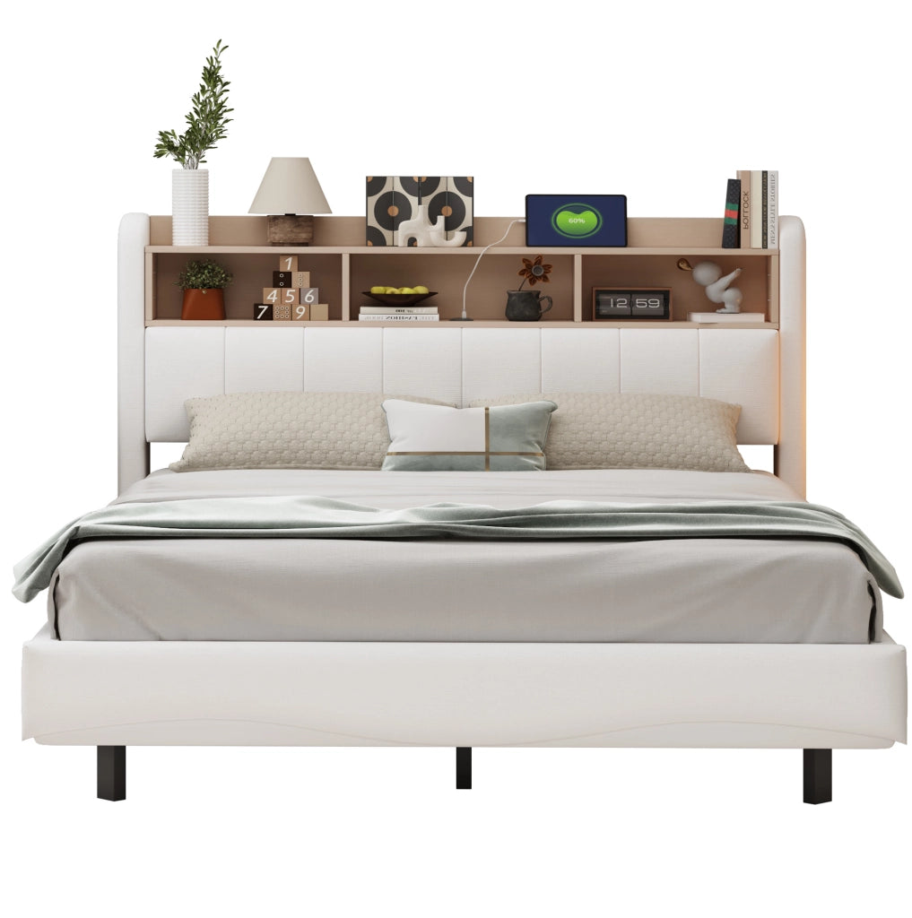Letto imbottito 160x200 cm beige, struttura in metallo con LED e USB