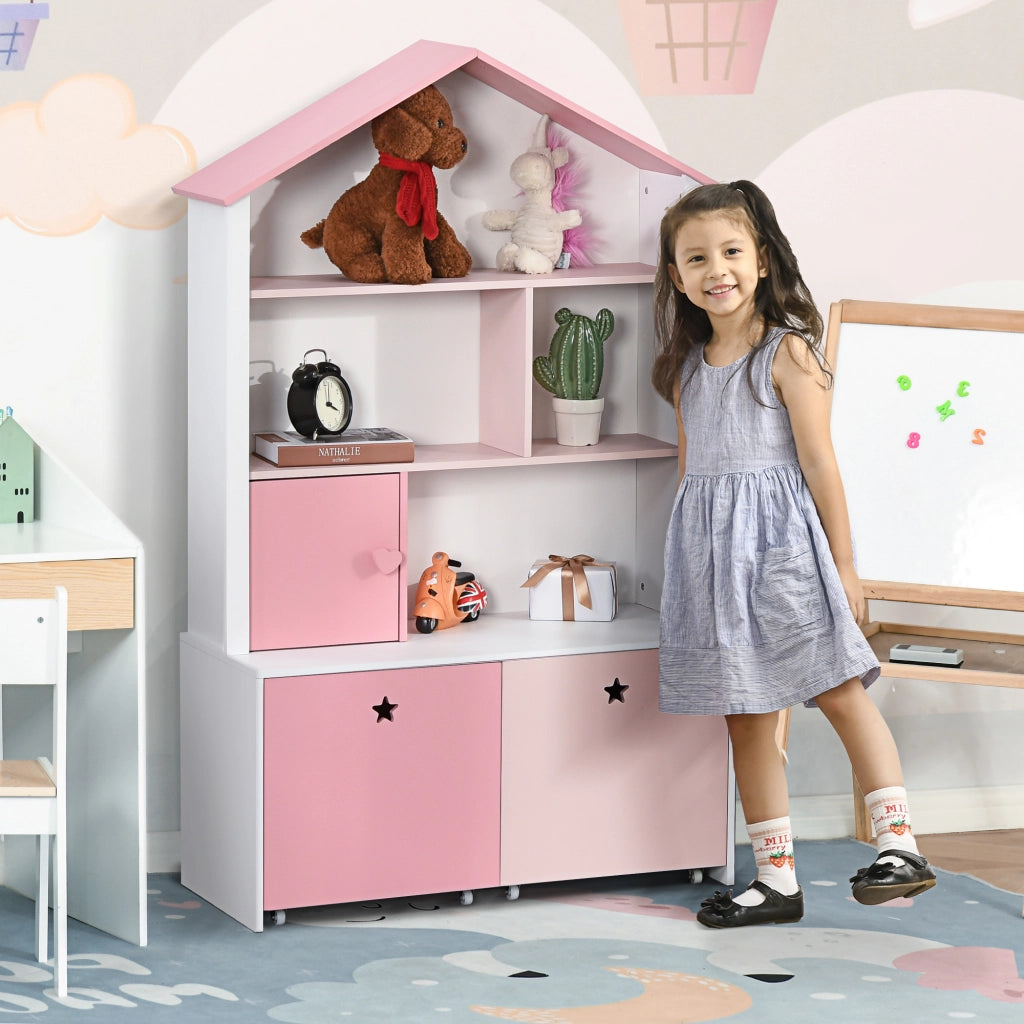 Libreria Scaffale Portagiochi Rosa per Cameretta Bimbi e Ragazzi con 2 Cassetti Estraibili, 80 x 34 x 130 cm
