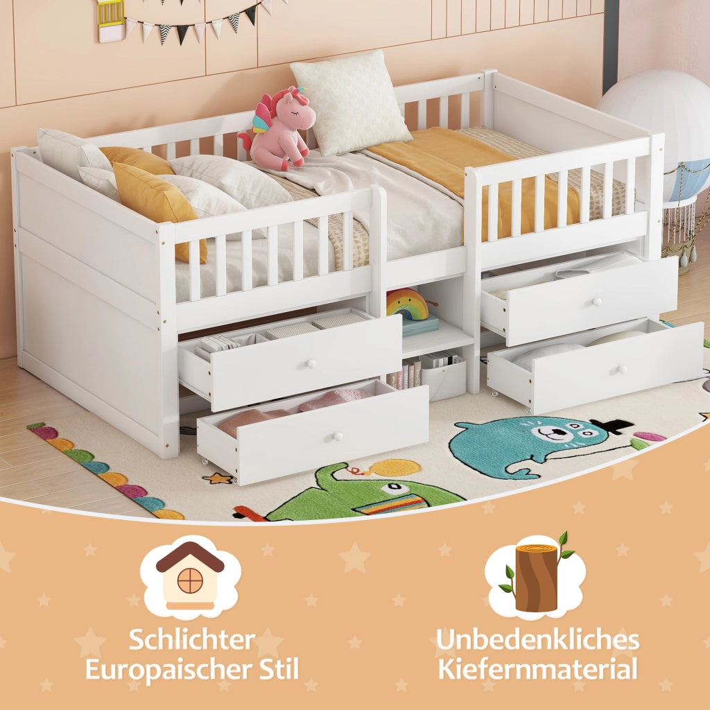 LETTO Semialto 90x200 cm con 4 cassetti scala e sponde in legno di pino bianco