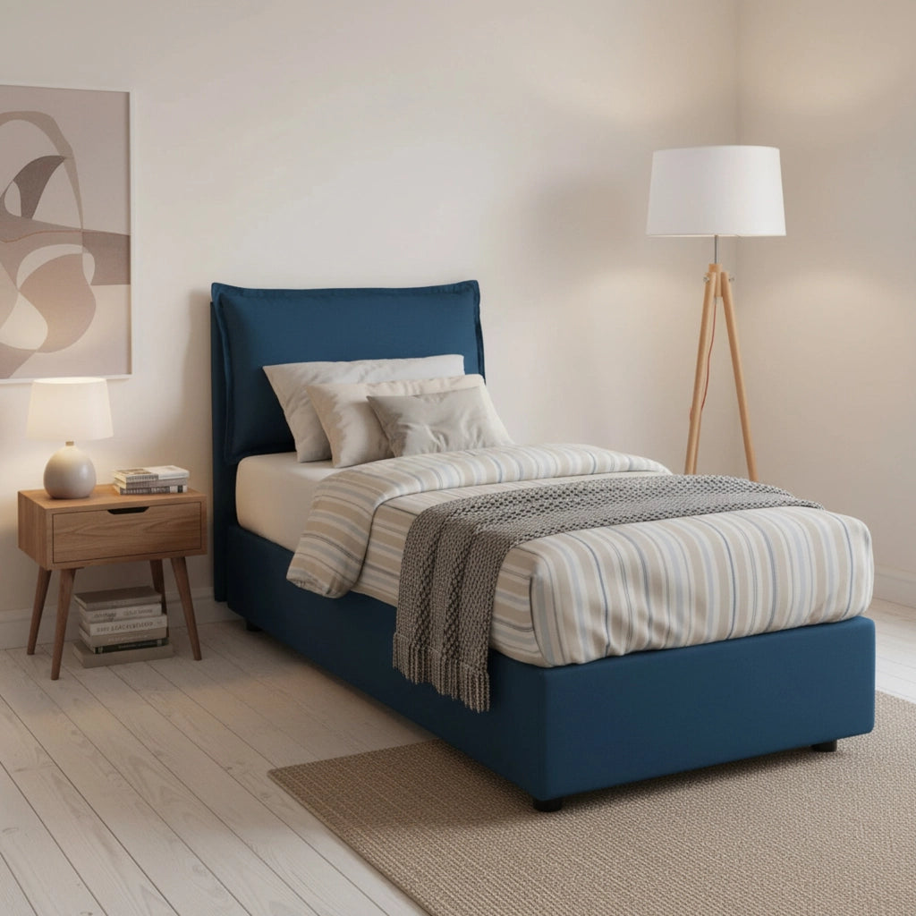 Letto singolo Alto, Letto contenitore con rivestimento in tessuto, Made in Italy, Apertura frontale, adatto per materasso cm 80x190, Blu