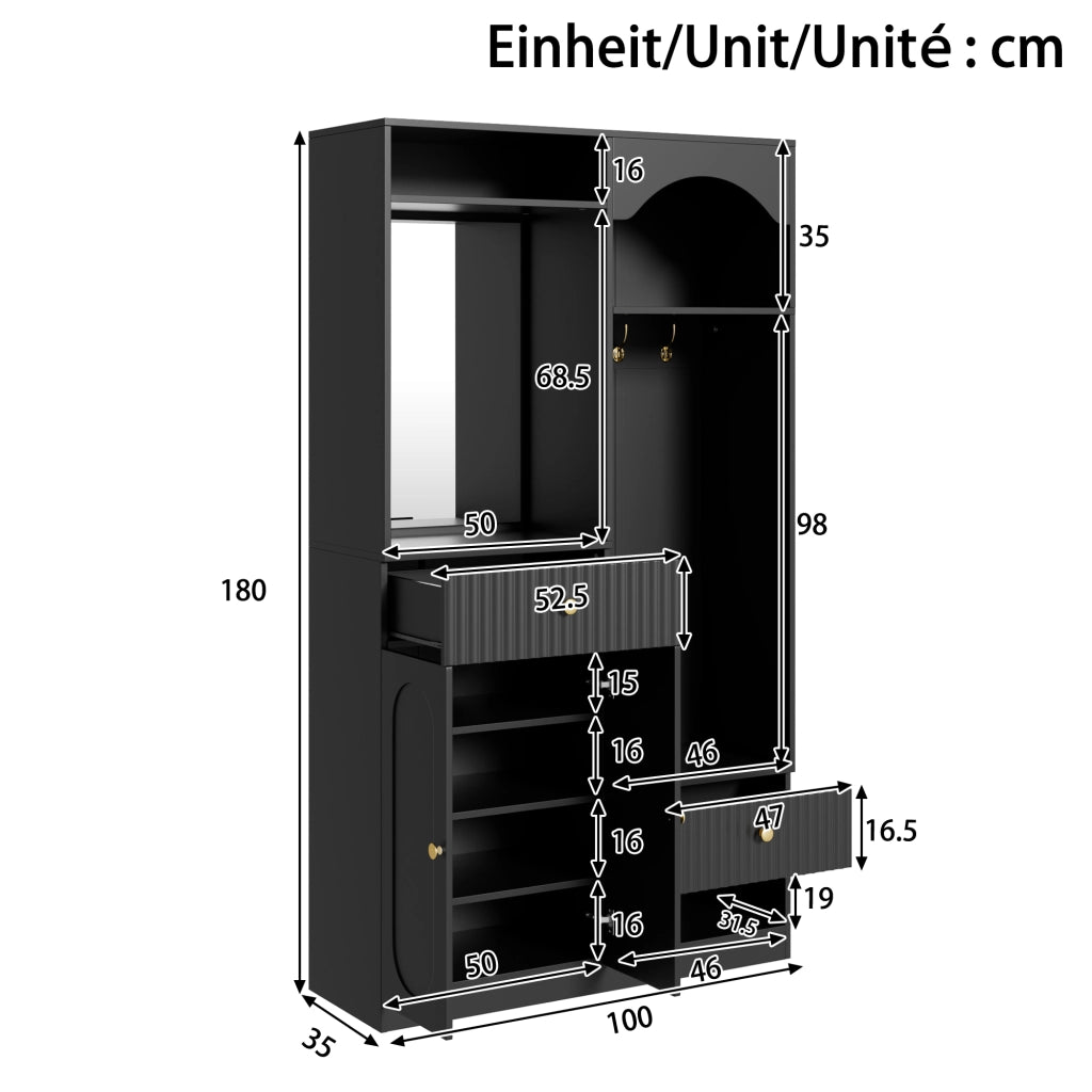 Guardaroba da ingresso con specchio; panca; ganci; vani e LED multicolore; in MDF nero; 100 Ã— 35 Ã— 180 cm