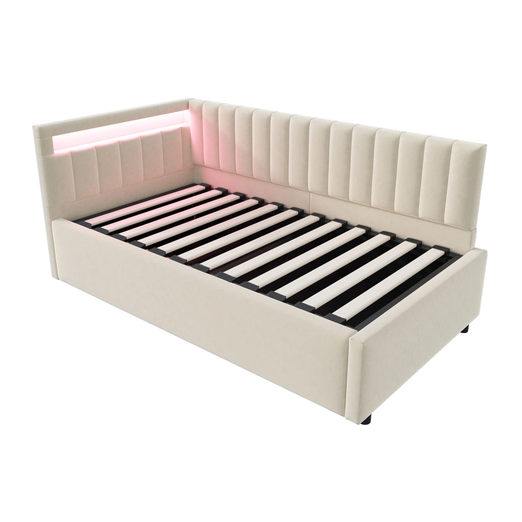 Letti contenitori 90x200 cm con LED e contenitore idraulico; velluto beige (Senza materasso)