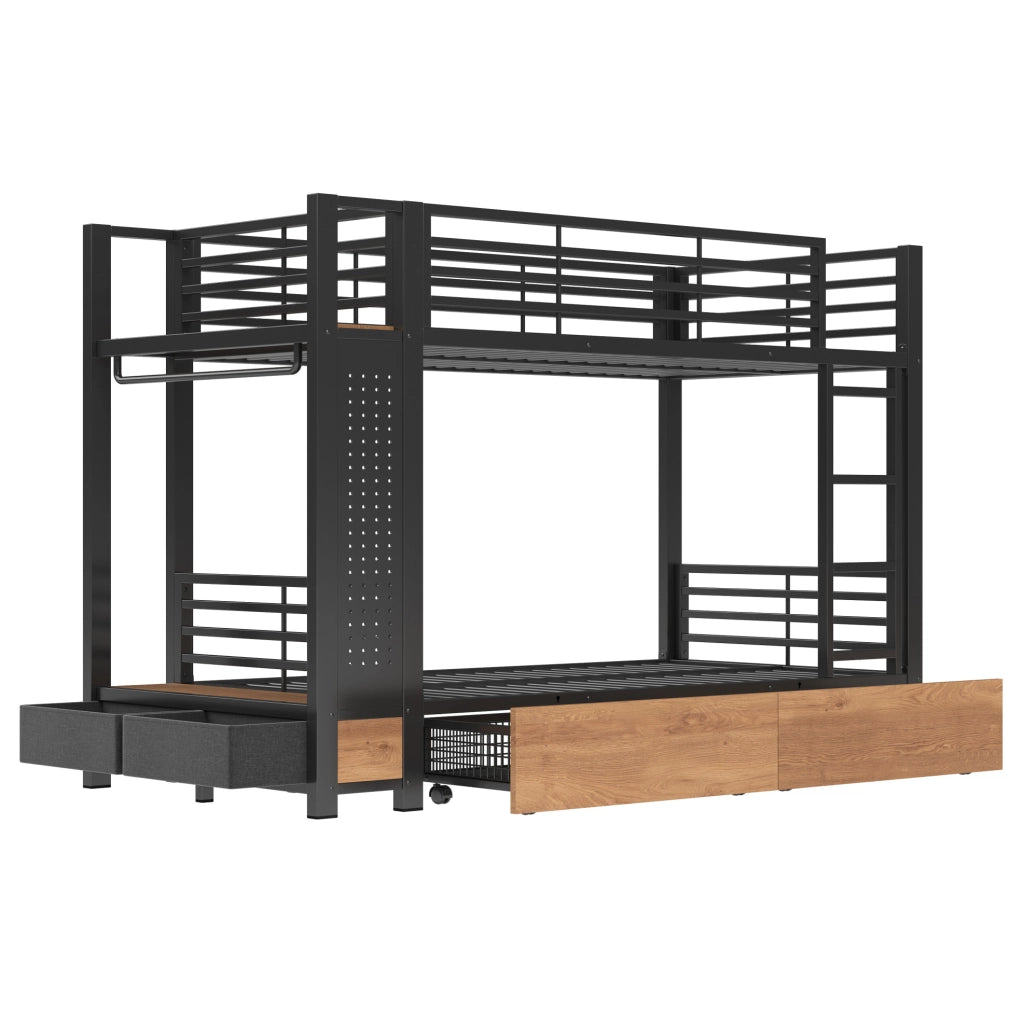 Letto a castello 90x200 cm in metallo e MDF; nero; con 2 cassetti e luce LED