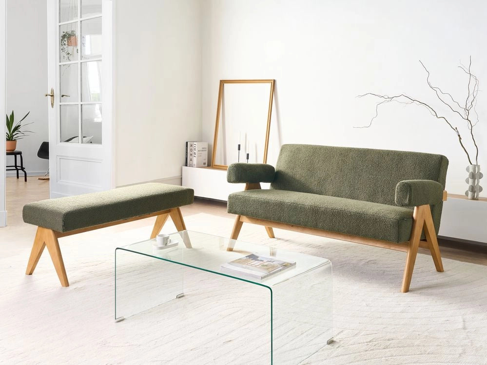 Set di divani Verde e marrone chiaro Divano a 2 posti Panca Boucle Rivestimento Retro Design Gambe di legno Soggiorno