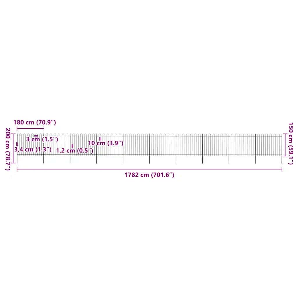Recinzione da Giardino con Parte Superiore ad Anello in Acciaio 1781,5x150 cm Nero 277683