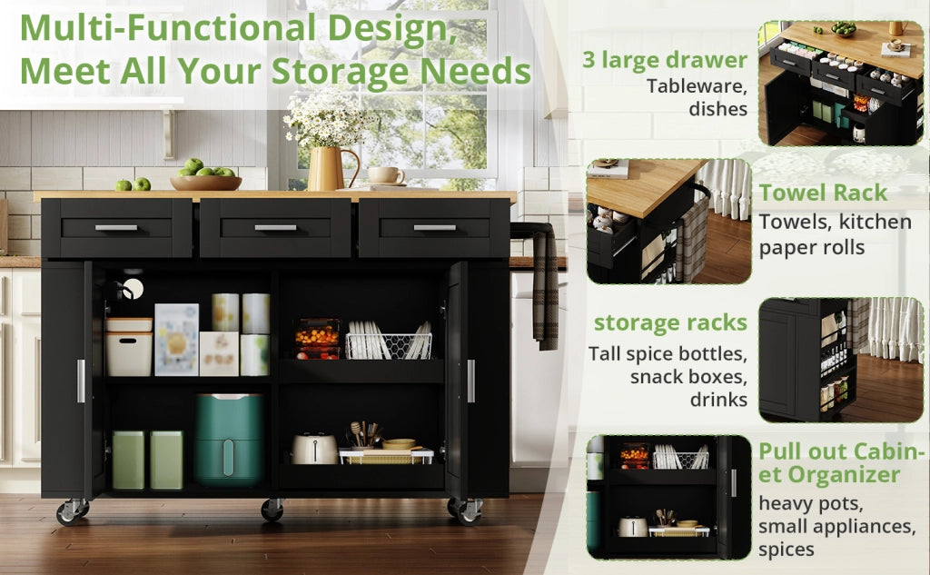 Isola da cucina mobile con piano ribaltabile, organizer estraibili, 3 cassetti, prese integrate e ruote bloccabili, 120 x 45(70) x 84 cm
