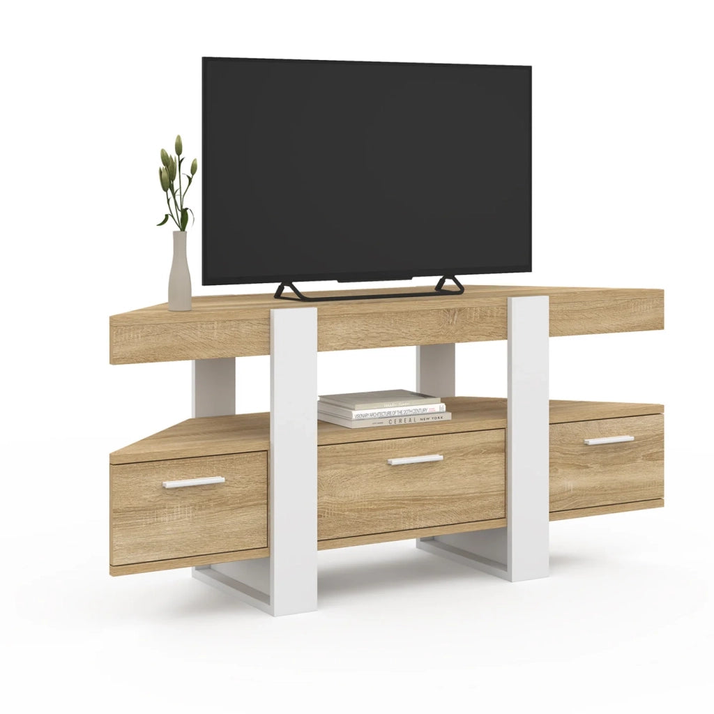 IDMarket - Mobile TV angolare PHOENIX 110 cm con cassetto in legno e bianco