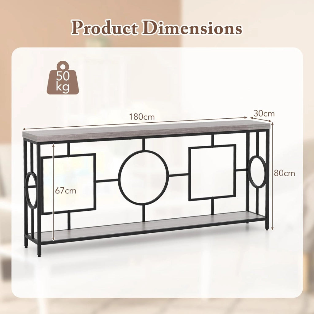 Tavolo Consolle Ingresso a 2 Livelli, Mobile Ingresso con Ripiano di Stoccaggio e Cornice Geometrica, Realizzato Sintetico di Alta Qualità, per Corridoi e Ingressi, Dimensioni 180 x 30 x 80 cm