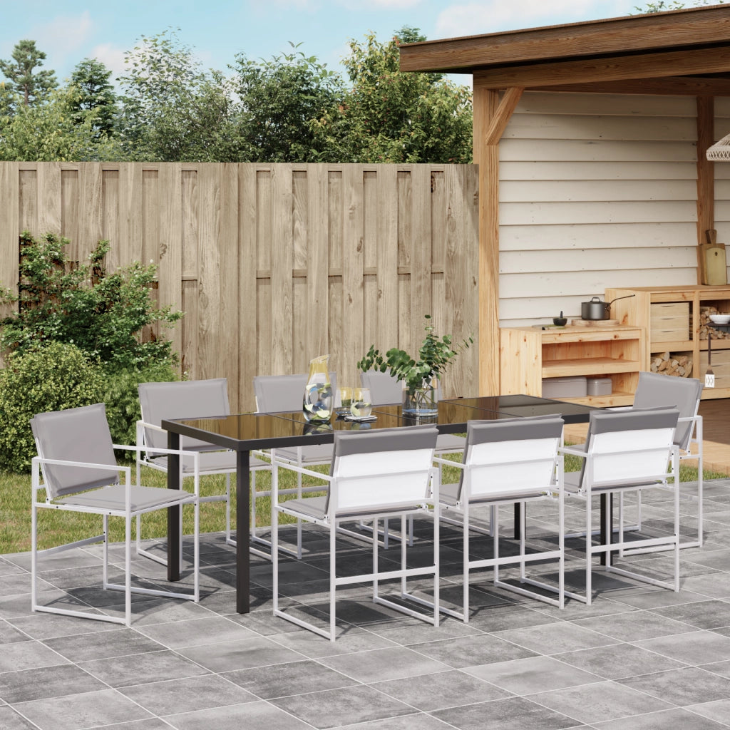 Set da Pranzo da Giardino 9 Pezzi con Cuscini Bianchi in Textilene e Acciaio