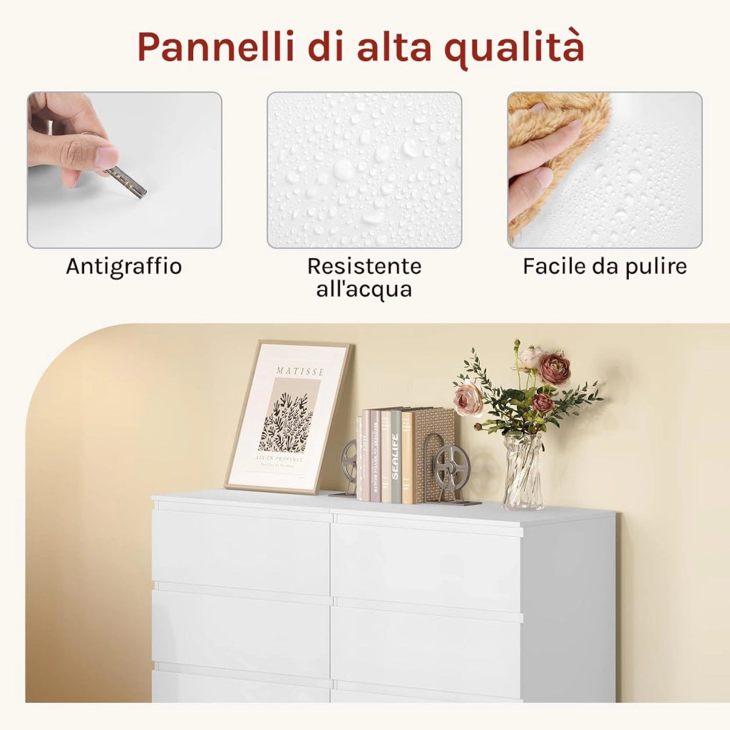 Comò Bianco per Camera da Letto, Cassettiera 4 Cassetti in Legno, Mobile Contenitore per Soggiorno o Ingresso, Dimensioni 60x40x90 cm, KMD004ws