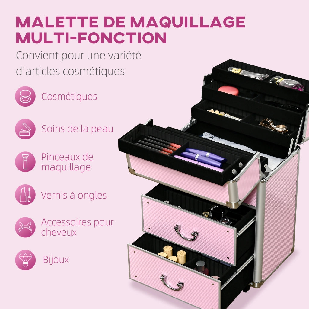 Valigia trolley per trucco beauty case con manico telescopico regolabile 36x23x58 cm alluminio ABS ¨C Xylo ¨C rosa