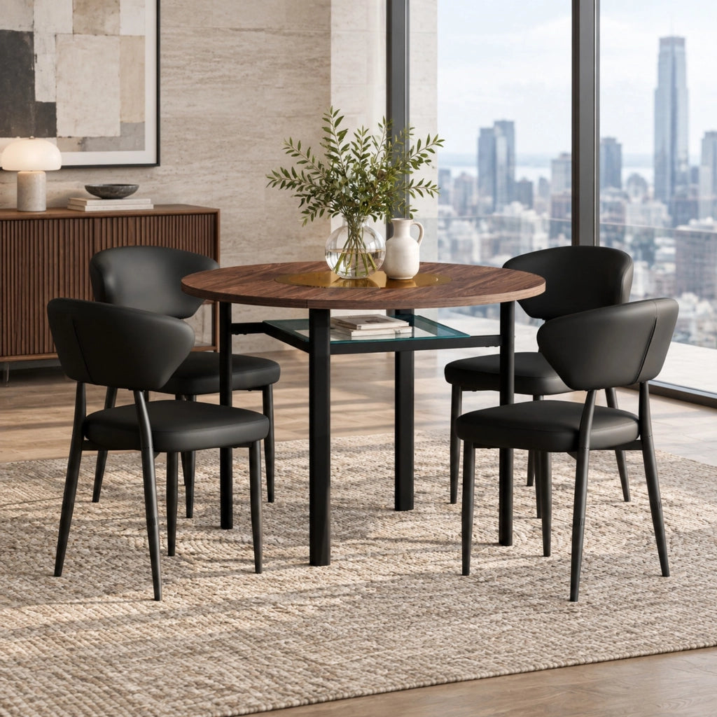 Set tavolo da pranzo rotondo Ø100 cm con 4 sedie in PU nero HOMVRA