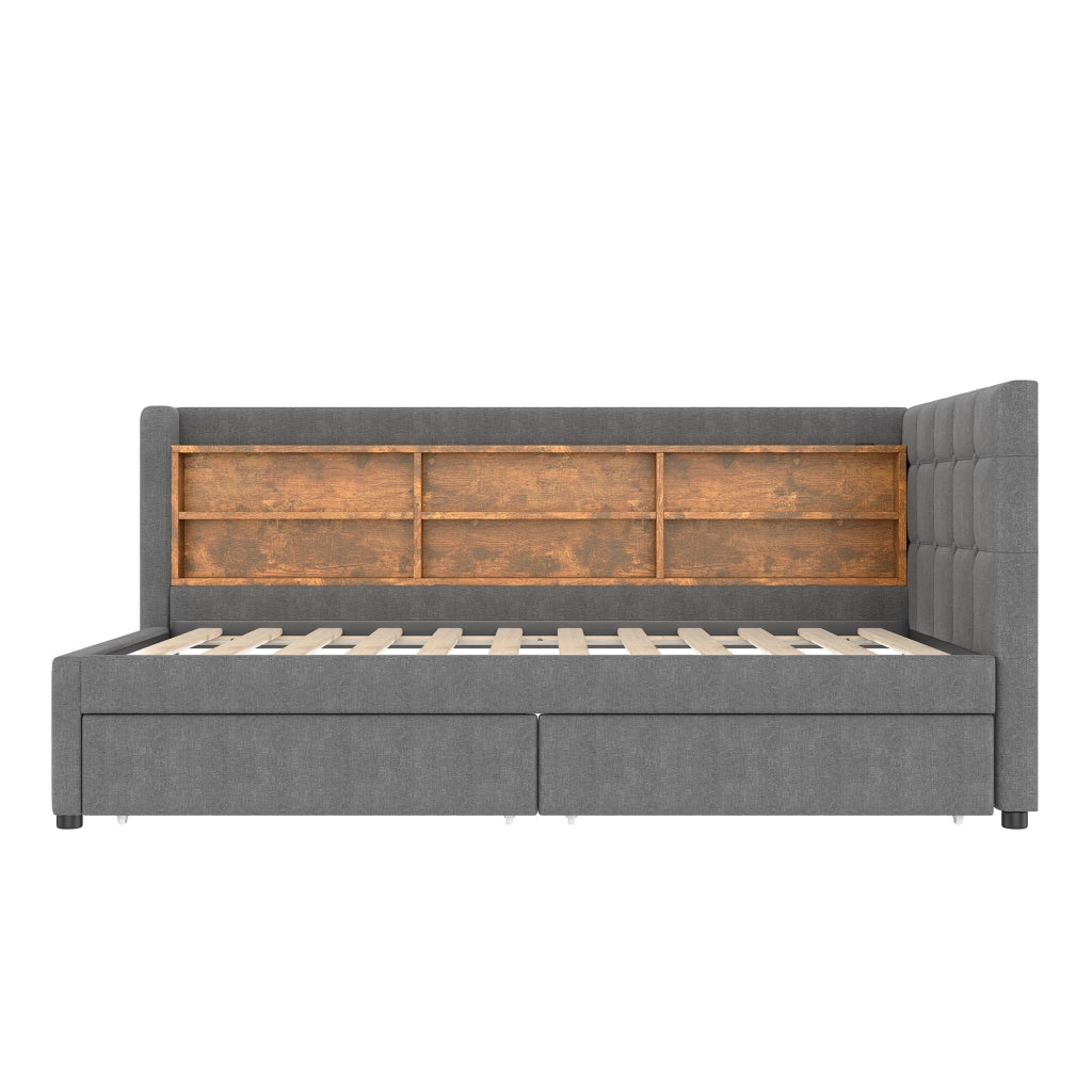 Letto singolo imbottito 90 ¡Á 200 cm con 2 cassetti testiera con ripiani USB e Type-C in lino grigio