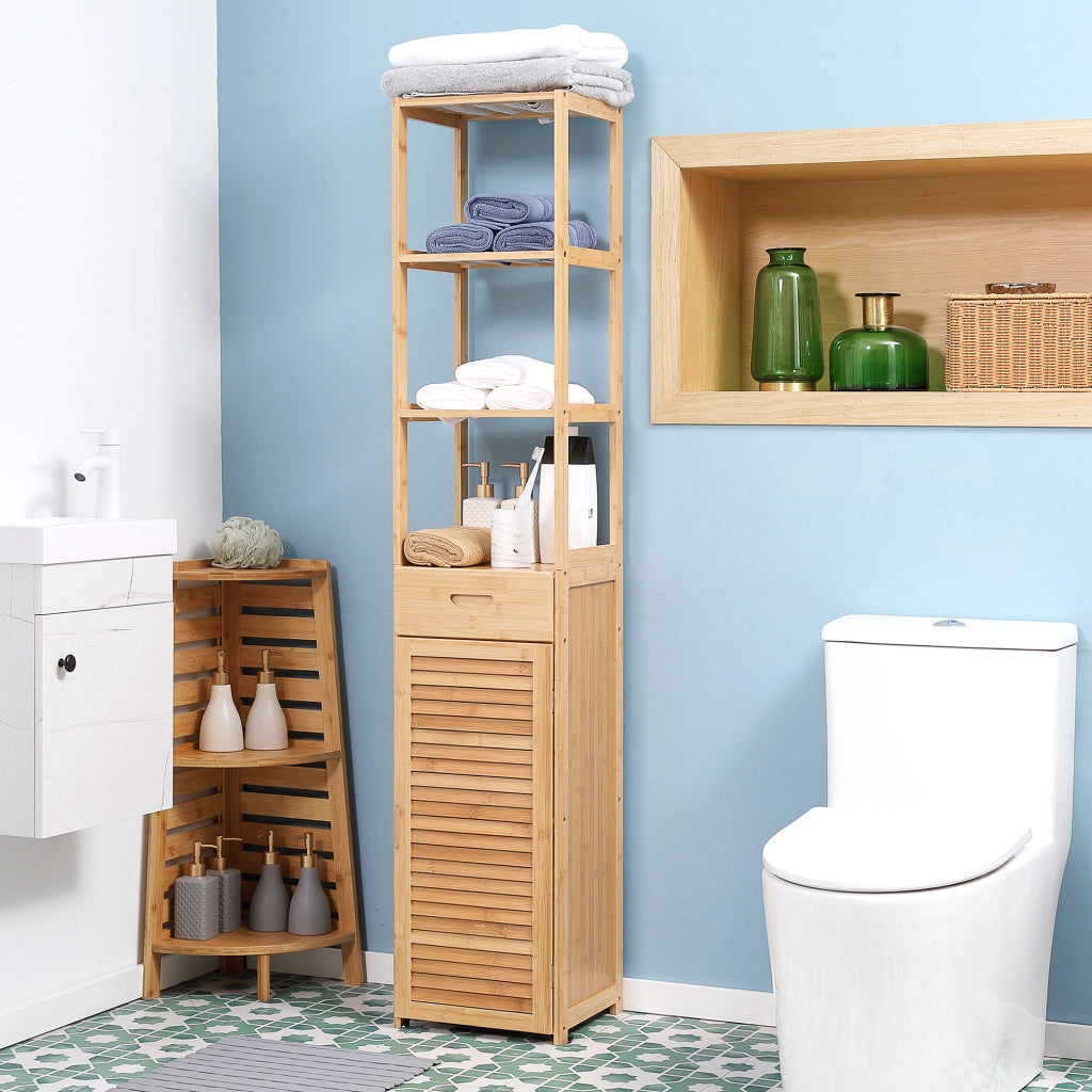 Colonna bagno con 1 cassetto; 3 vani e anta a lamelle; in bambù; per bagno; 32×30×163 cm
