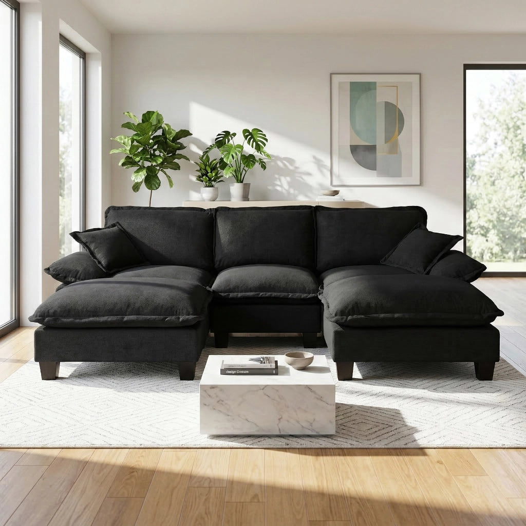 Divano panoramico a U modulare con pouf rimovibile e cuscini in chenille nero