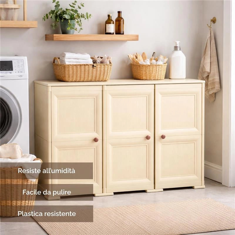 ARMADIO 3 ANTE ANGORA 118X43X85,5 CM CON PUNTALI E ANTE EFFETTO LEGNO – MOBILE CONTENITORE MULTIUSO PER SALOTTO E BALCONE COPERTO